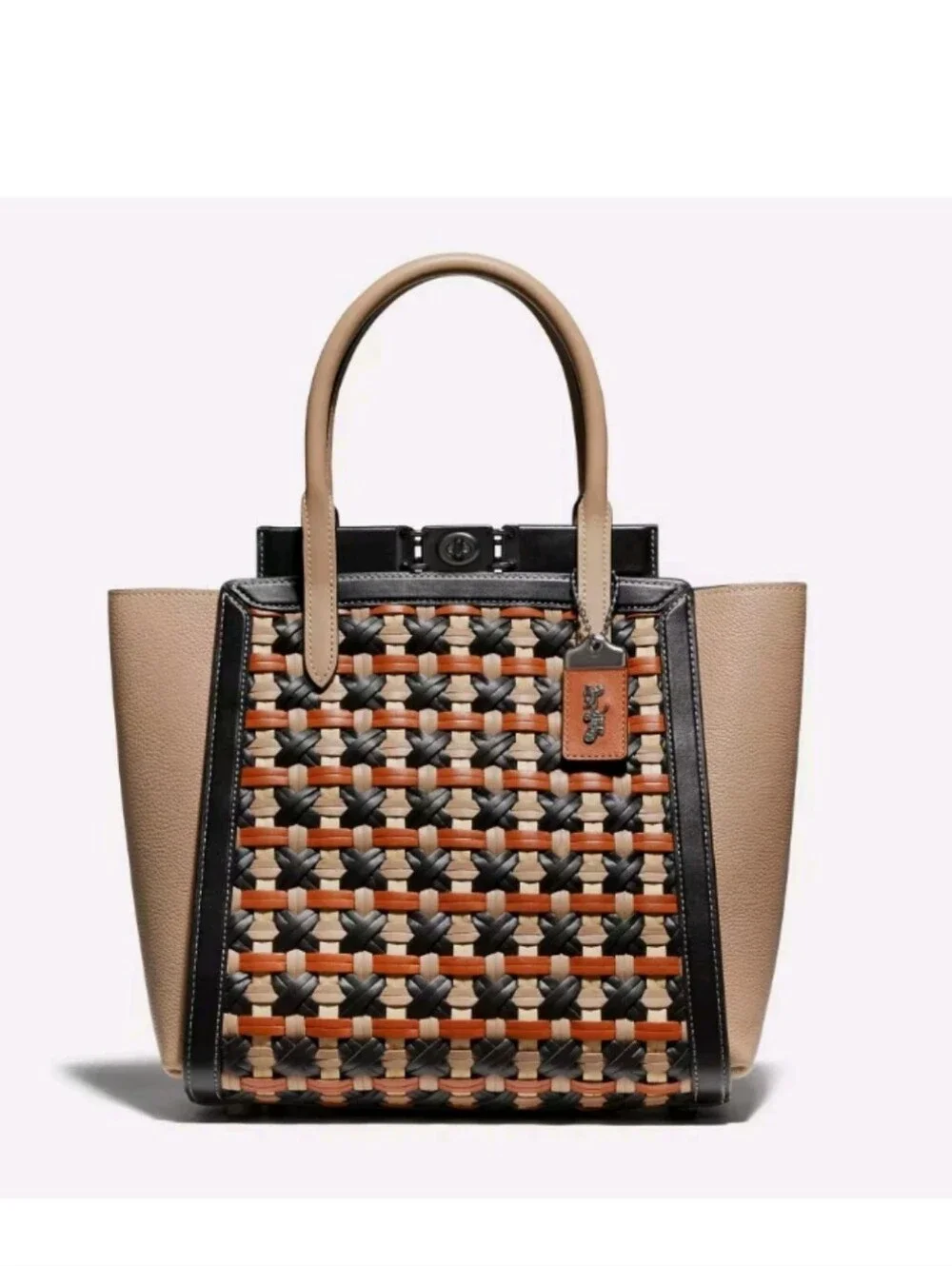 Coach 1941 Troupe Tote Turnlock Woven Pebbled Glovetanned Leather Satchel Black